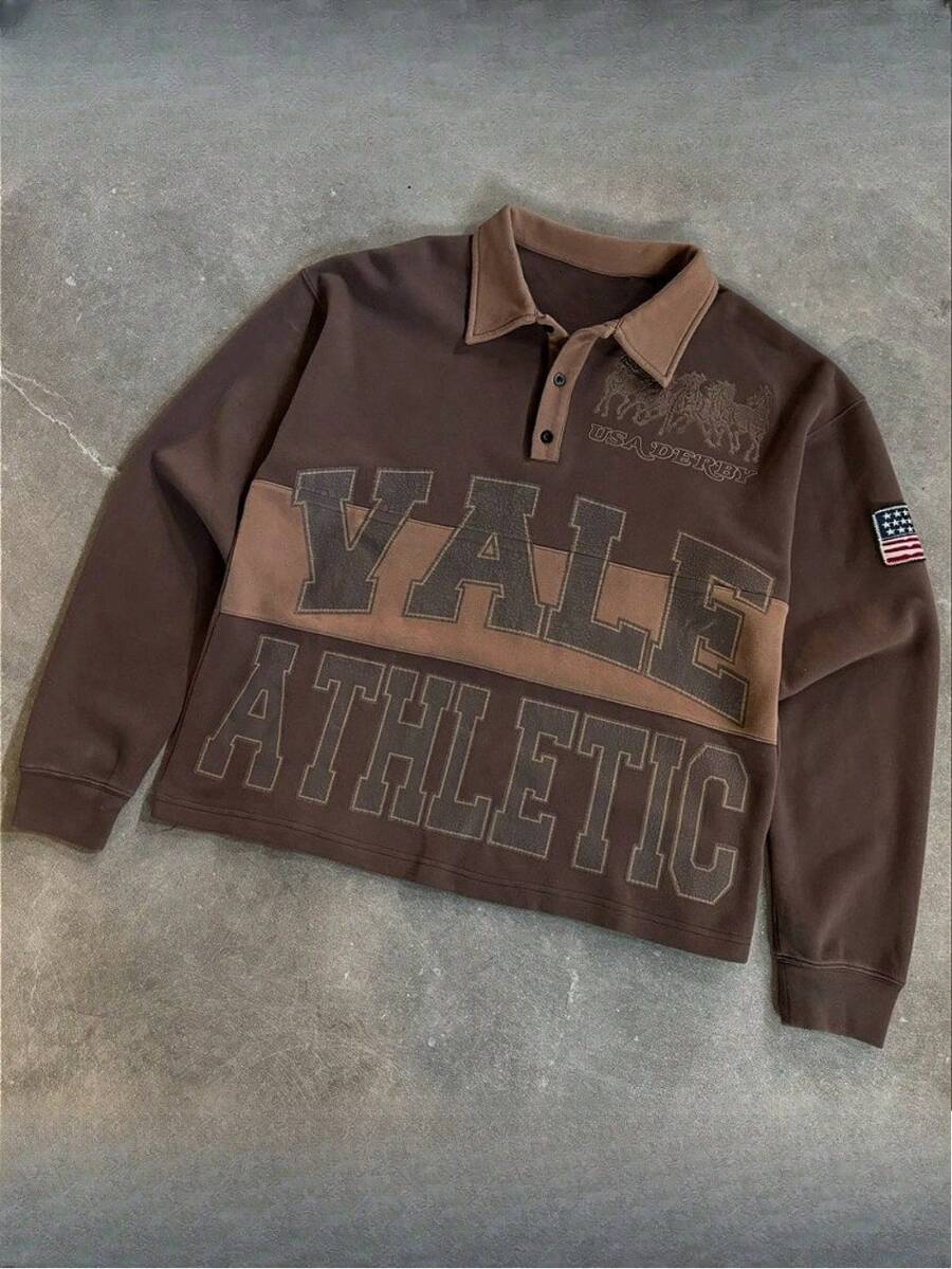 Men's Brown Retro Letter Print Polo Collar Long-Sleeved Top Without Collar, Loose And Casual Pullover Hoodie