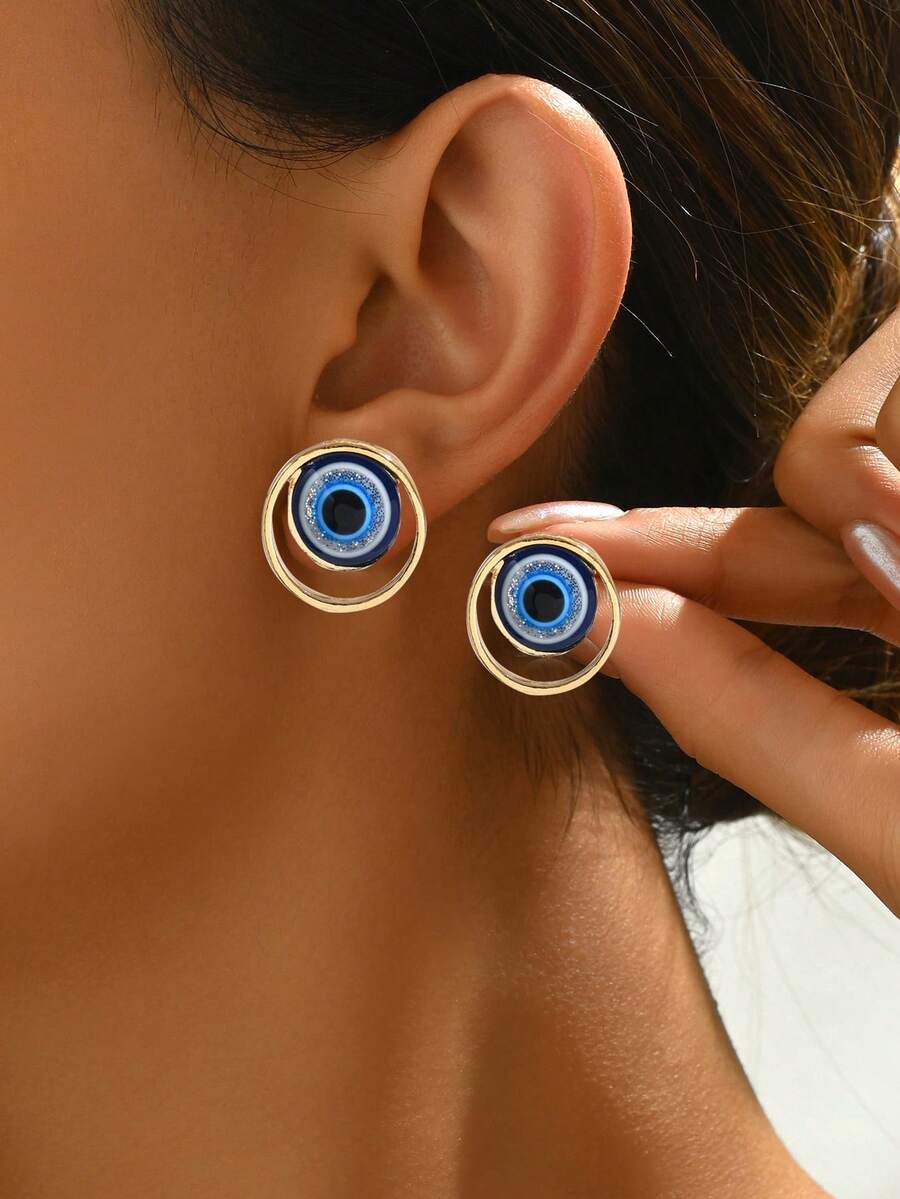 1 对简约独特的女士时尚耳环，复古土耳其蓝眼吊坠耳环，百搭日常佩戴珠宝 - 耳環藍色 - 查看 1