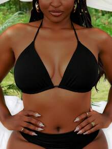 Slaydiva Summer Beach Plus 褶饰挂脖比基尼上衣 - 黑色 - 查看 3