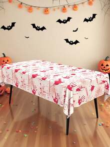 1pc Disposable Halloween Tablecloth, Bat Skull Haunted House Pumpkin Cobweb Bloody Handprint Pattern Print, Suitable For Halloween Decoration, Birthday Party Decor - Multicolor - View 8