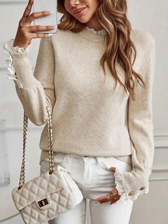 [Topper] 1 st elegant spetskant rund halsringning långärmad stickad tröja för kvinnor, trendig blus med guldknappar