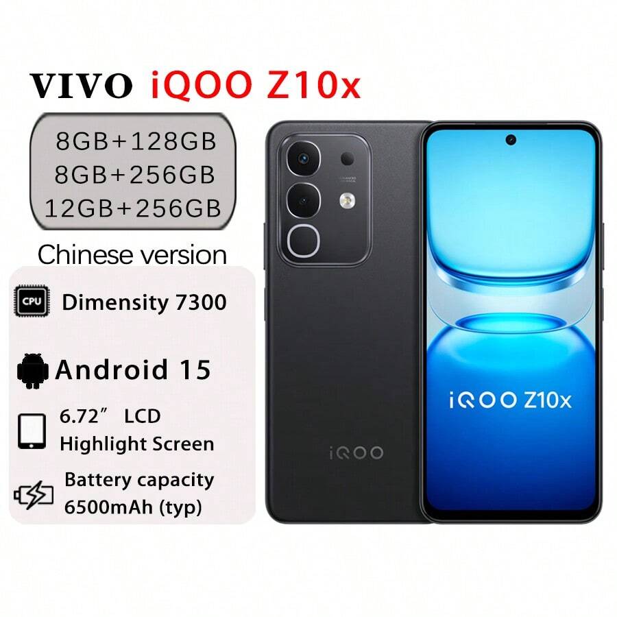 vivo Điện thoại thông minh chơi game IQOO Z10x, Màn hình lớn 6,72 inch, Màn hình LCD độ sáng cao và tốc độ làm mới cao, Làm mờ DC phần cứng, Bộ xử lý MediaTek Dimensity 7300, Pin 6500mAh lâu dài, Camera 50MP + 2MP, Màu đen lấp lánh (Phiên bản Trung Quốc, Không có ESIM) - Bầu trời đầy sao đen - Xem 1