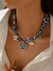 1pc Floral Eye Decor Vacation Scarf Necklace, Blue Women's Necklace, Gift For Mom, Gift For Her
