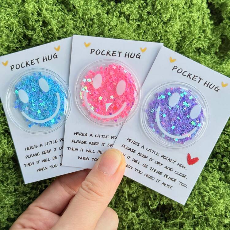 12 Stücke bunte Glitzer Fröhliche Gesichts Aufkleber für Pocket Hug Karten - sortierte funkelnde Farben, Kunststoff Cartoon Dekorationen, ohne Batterien, perfekt für Geburtstage, Valentinstag, Hochzeiten & Ermutigungsgeschenke, süße Aufkleber - Verschiedenfarbig - Übersicht 6
