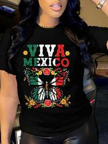 Camiseta Manga Corta Cuello Redondo Estampado Viva Mexico Mariposa Bandera Septiembre Mujer - Negro - Ver 1