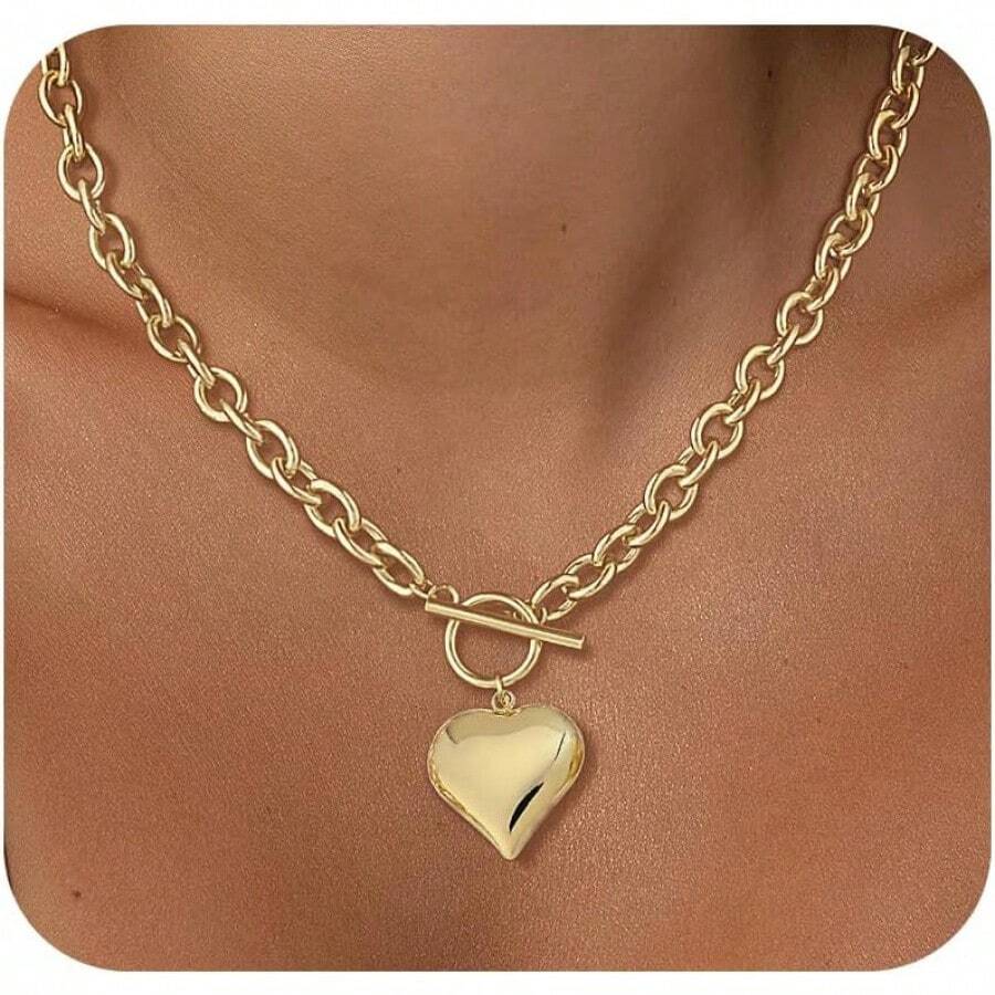 Heart Necklace Women, Chunky Gold Necklace 14k Gold/Silver Plated Pendant Charm Toggle Clasp Gold Necklace Statement Thick Chain Link Necklace Gold Jewelry Women - 2.5毫米+18吋_金色 - 查看 1