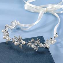 1 件奢华金色合金珍珠花新娘头饰、婚礼发带配饰