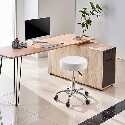 Rolling Stool With Wheels, 450 LBS Weight Capacity Round Rolling Stool Chair, Height Adjustable Thickened PU Leather Swivel Stool For Salon, Spa, Massage, Tattoo, Clinic, White