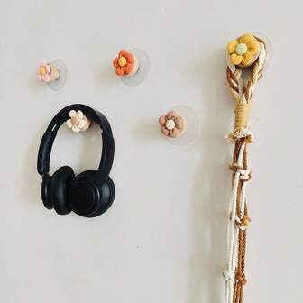 5pcs Colorful Floral Self-Adhesive Hooks, Cute Clothes Hangers, Drawer Pulls, No Drilling Required - Suitable For Bedroom, Cabinet, Clothing, Coats, Hats, Entryway Storage, Casual Home Decor, Multi-Purpose Hooks