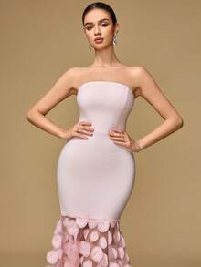 Damen schulterfreies einfarbiges, körperbetontes, mit Mesh-Saum verziertes Ballkleid, geeignet für Bankette, Cocktailpartys und andere Anlässe - Pink - Übersicht 4
