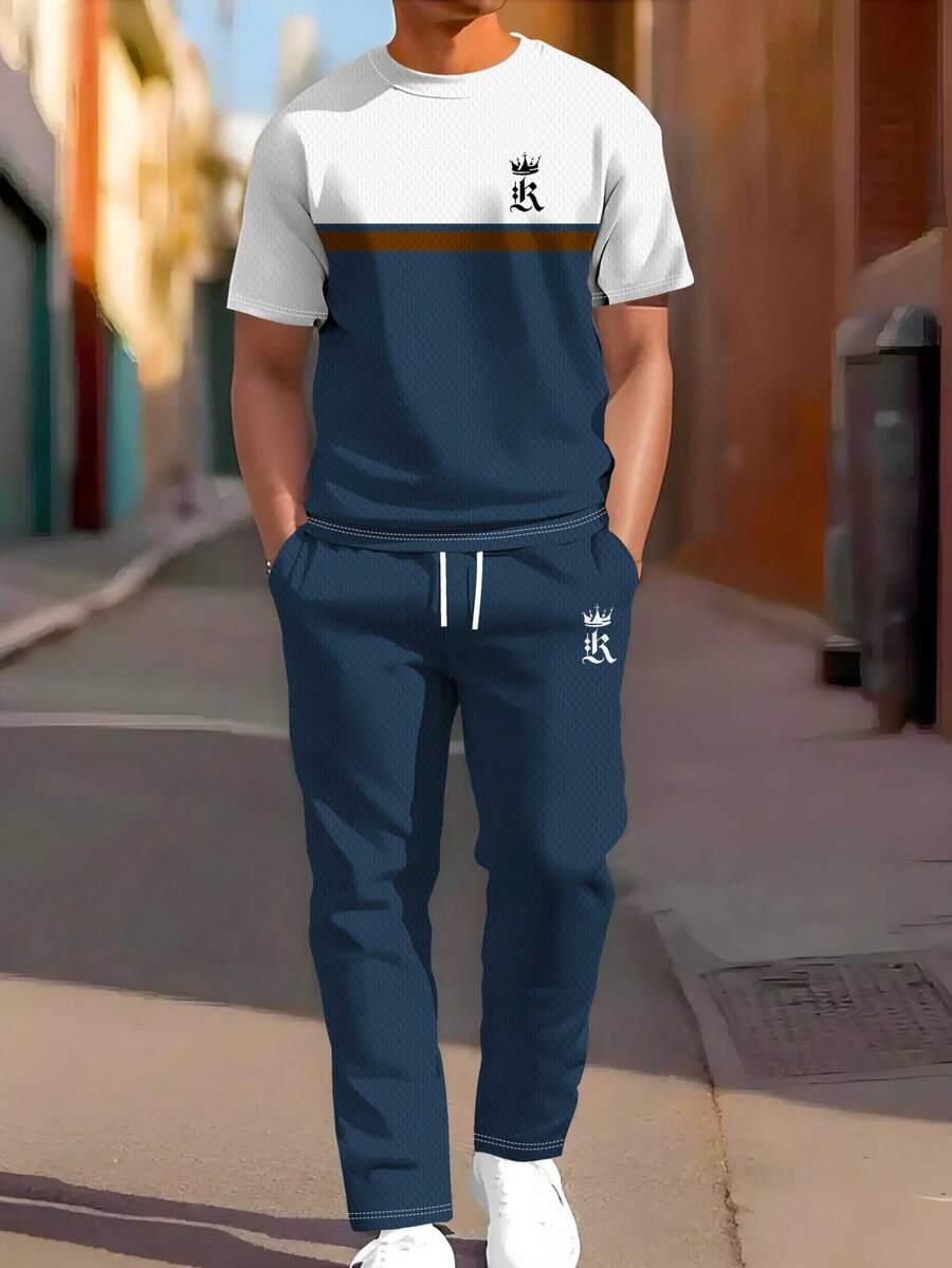 2 件男士运动服，透气舒适，优质面料超柔软渐变休闲圆领短袖上衣和慢跑裤套装，流行服装 - 藍色 - 查看 1