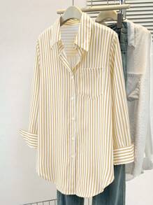 ​Women's Casual Basic Striped Point Collar Long Sleeve Shirt Top With Button Pocket, Daily Office Wear Fall Winter Spring Clothing​