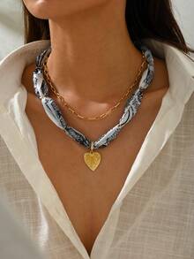 1-2pcs Flower Heart Deco Scarf Necklace, Leopard Print Multi Chain Layed Women Necklace, Daily Vacation Accessory, Women Gift