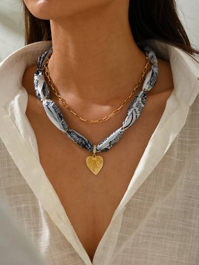 1-2pcs Flower Heart Deco Scarf Necklace, Leopard Print Multi Chain Layed Women Necklace, Daily Vacation Accessory, Women Gift