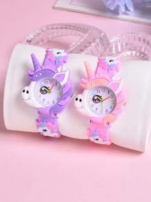 Set de 2 relojes de cuarzo analógicos con correa de silicona suave y diseño de unicornio de dibujos animados para niñas, reloj de pulsera con patrón creativo para estudiantes - Multicolor - Ver 9