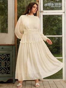 Anewsta Vestido formal de manga larga con manga abullonada distintiva, pliegues en la cintura y cuello alto, vestido de línea A para mujer de talla grande - Champán - Ver 4