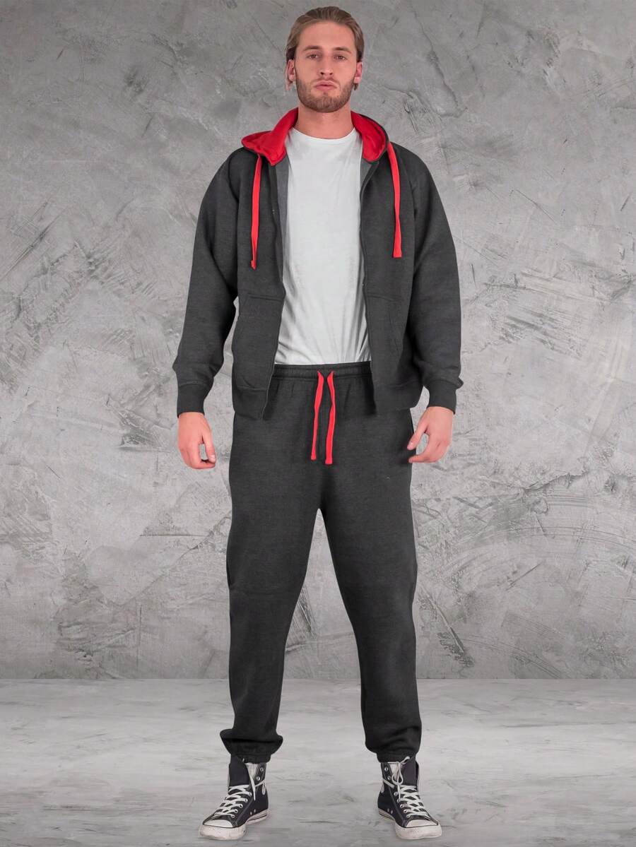 LoveMyFashions Men's 2pcs Set Tracksuit Full Sleeve Solid Color Drawstring Waist Zip Up Hoodie & Sweatpants Two Pieces Set With Pockets - Charcoal/Red - View 1