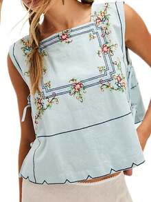 Women Flower Embroidery Tank Top Vest Sleeveless Crewneck Side Slit Going Out Top Shirts Streetwear - 藍色 - 查看 1