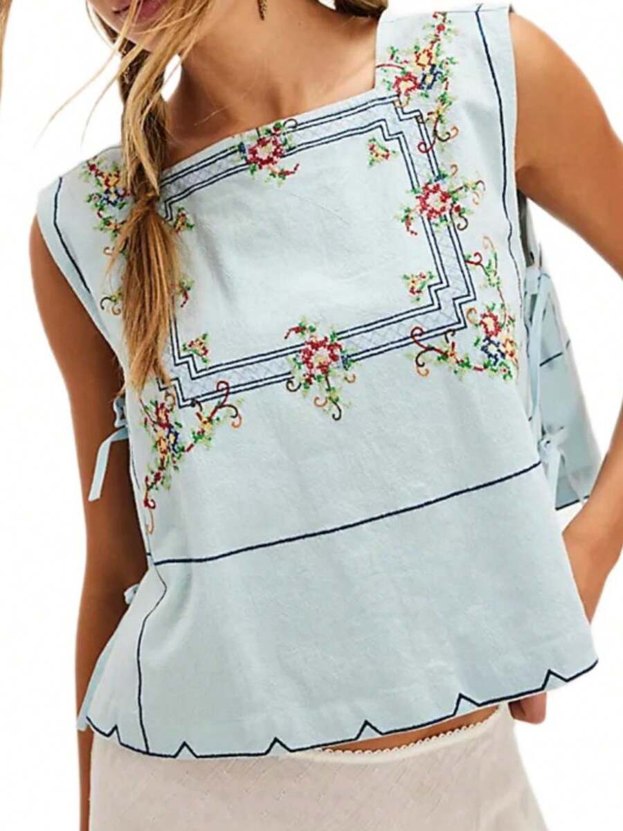 Women Flower Embroidery Tank Top Vest Sleeveless Crewneck Side Slit Going Out Top Shirts Streetwear - 藍色 - 查看 1