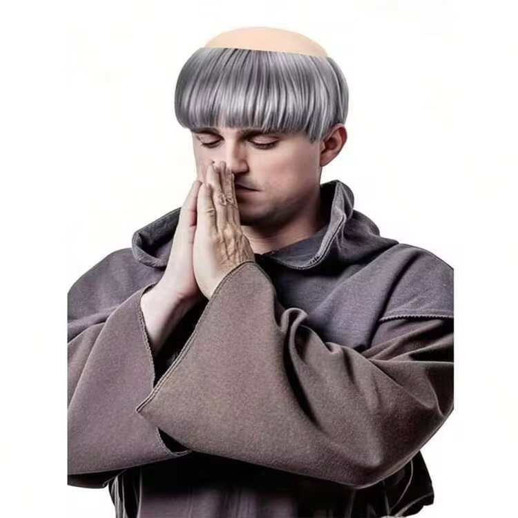 僧侶假髮、修士假髮、神父服裝假髮、中世紀服裝假髮、萬聖節男士假髮、禿頂假髮、Cosplay派對假髮、華麗服飾配件、宗教角色扮演假髮、嘉年華服裝假髮 - 彩色 - 查看 3