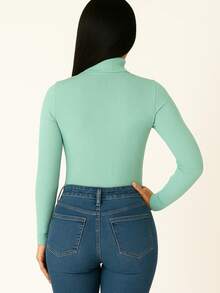 Cacharrel Women's Ribbed Blouse, Mid-Neck, Long Sleeve, Second Skin, Simple Casual Fashion - Mint Green - View 4