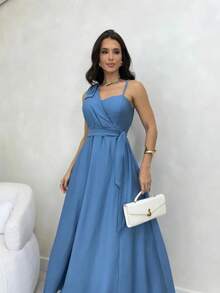 Women's Long Dress With Straps, Elegant Bow, Chic Party, Wedding, Graduation, Evangelical Fashion, Bojo - Màu xanh lam - Xem 3