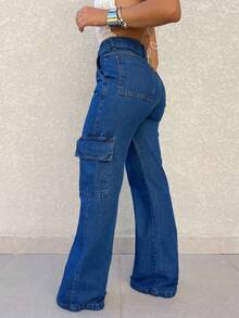 Kissmelady 555 Calça jeans feminina  cargo pantalona wide leg calca Calça jeans lisa cintura alta elegantes - Lavagem escura - Visão 3