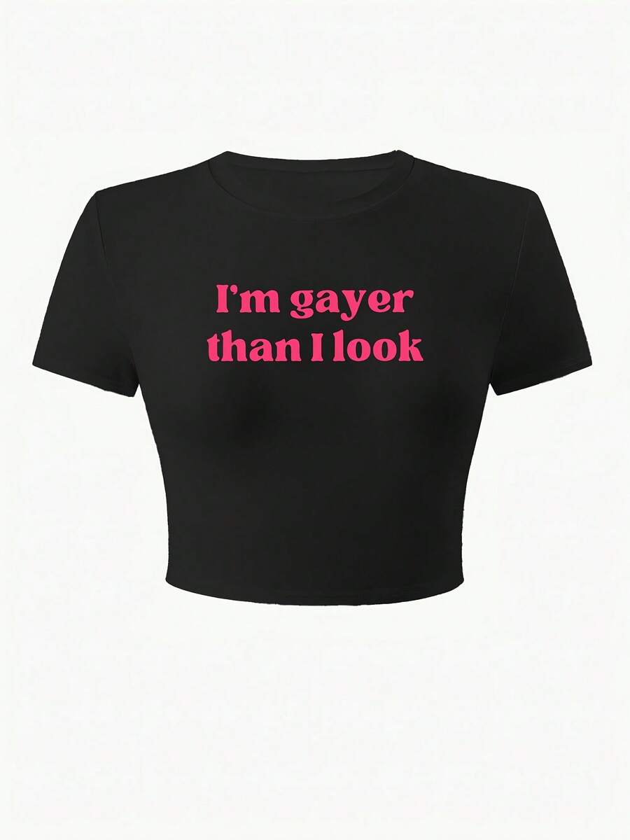 Y2K-Style Women's Cropped T-Shirt Top. Black Cropped Short Sleeve T-Shirt With Pink "I'm Gayer Than I Look" Text - 黑色 - 查看 1