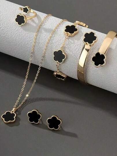 1 Set Alloy Flower Jewelry Set, 1 Necklace, 1 Pair Earrings, 2 Bracelets, 1 Ring, Suitable For Teenage Girls, Back To School Season