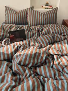 3 件套 100% 纯棉北欧风格蓝色和米色条纹床上用品套装，2 个枕套 + 1 个羽绒被套