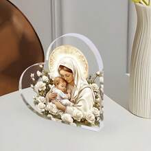 1 pezzo Ornamento da battesimo in acrilico con tema di Gesù e Vergine Maria - Elegante targa decorativa da scrivania con design a forma di cuore, decorazione per il plenilunio di nascita, regalo cristiano per le donne, decorazione per compleanni, ricordo religioso, decorazione per uffici domestici, decorazioni da tavolo
