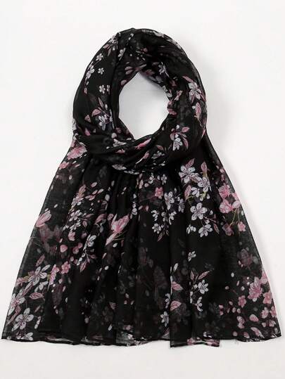 1pc New Style Balinese Yarn Floral Print Scarf, Fashionable, Casual, Cute, Elegant, Light Business Style, Perfect For Outer Wear As A Shawl, Suitable For Women In Spring, Autumn, And Winter, Multi-Functional Head Scarf, And A Great Holiday Gift