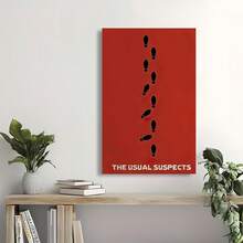 Framed   "The Usual Suspects" Canvas Wall Art, Vintage Style With Red Background And Footprint Silhouettes - Ideal For Living Room, Bedroom, Home Office Decor