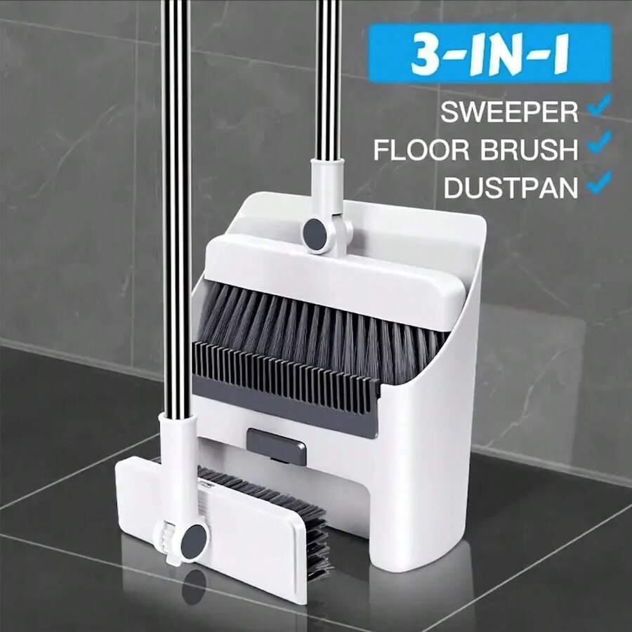 3 In 1 Set, Household Broom, Floor Brush And Dustpan Set, Thickened Sweeping Broom, Scrub Brush And Dustpan With Long Handle, Non-Stick Hair Floor Cleaning Tool, 3 In 1 Broom With Dustpan Combo Set Long Handle Dustpan And Broom For Sweeping Push Broom For Outdoor Brooms For Floor Bathroom And Kitchen, Cleaning Supplies, Cleaning Gadgets - 白色 - 查看 1