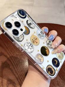 1pc Face & Moon Graphic Aesthetic Pattern Transparent TPU Shock-Absorbing Anti-Fall Anti-Fingerprint Phone Case, Compatible With Iphone Waterproof Scratch Resistant - Multicolor - View 3