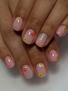 24pcs Short Square Shape Press On Nails Colorful Fake Nail And Multicolor Flowers Dopamine Design False Nails Fresh And Cute Style Fake Nails Perfect For Women's Daily Use Nail Supplies