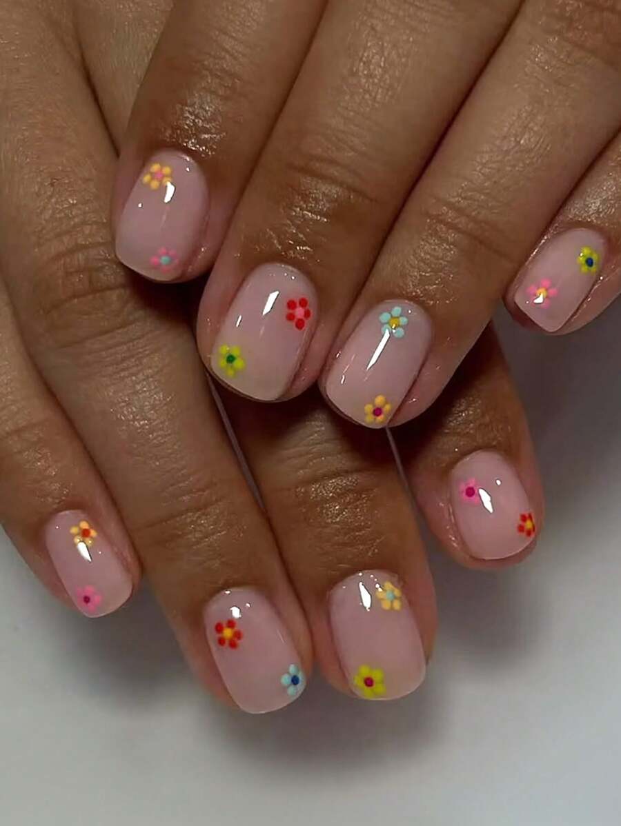 24pcs Short Square Shape Press On Nails Colorful Fake Nail And Multicolor Flowers Dopamine Design False Nails Fresh And Cute Style Fake Nails Perfect For Women's Daily Use Nail Supplies