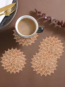 12pcs Gold Flower Coasters, PVC Material 3.94inch Round Coffee Cup Mats, Washable, Easy To Clean, Wipe-Able, Non-Slip, Heat-Resistant, Suitable For Room Decor, Dining Table Decor, Home Decor, Ideal For Holidays, Parties, Birthdays, Weddings And Dinners - Gold - View 6