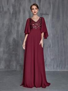 Faeriesty Đầm dành cho mẹ cô dâu thanh lịch, thiết kế cổ chữ V, tay áo xếp ly, chân váy chữ A bồng bềnh - Sự lựa chọn lý tưởng cho các đám cưới trang trọng, tiệc gala, tiệc kỷ niệm, sự kiện từ thiện và các buổi tiệc sang trọng. - Màu Đỏ Sâu - Xem 5