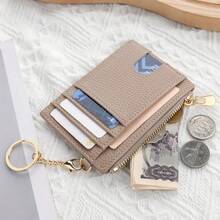 Ultra-Thin PU Leather Wallet With Keychain - Lychee Texture, Zipper Coin Pocket And Card Holder - 黑色 - 查看 6