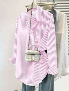 Blusa de mujer de manga larga con cuello puntiagudo y bolsillos con botones, a rayas, de estilo casual básico, adecuada para uso diario en la oficina, otoño/invierno/primavera - Rosa - Ver 6