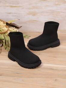 1 Pair Black Elastic Knit Toddler/Kids Leg Warmers, Round Toe Thick Sole Slip-On Design, Breathable Mid-Calf Boots, Suitable For 3-12 Years Old Girls, Casual Indoor/Outdoor Wear, Autumn/Winter New