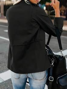 Women's Black Utility Jacket, Stand Collar Zip Up Lightweight Field Jacket, Casual Spring Streetwear Coat - màu đen - Xem 3