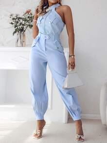 ChicMe Bộ đồ thể thao 2 món cho nữ gồm áo vest không tay và quần jogger có túi, trang phục thường ngày, mặc hàng ngày - Màu xanh nhạt - Xem 5