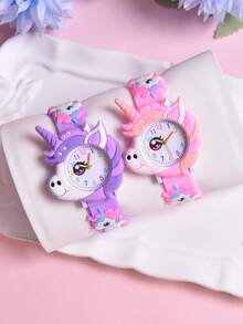 Set de 2 relojes de cuarzo analógicos con correa de silicona suave y diseño de unicornio de dibujos animados para niñas, reloj de pulsera con patrón creativo para estudiantes - Multicolor - Ver 7