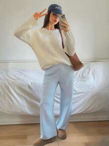 女士秋冬新款法式浪漫森系时尚休闲百搭简约优雅宽松针织毛衣 - 米色 - 查看 1