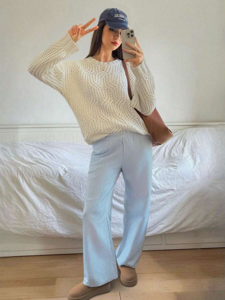 女士秋冬新款法式浪漫森系时尚休闲百搭简约优雅宽松针织毛衣 - 米色 - 查看 1