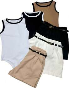 6-Piece Kit With Tailored Shorts And Ribbed Bodysuit - 黑色/米色/白色 - 查看 1