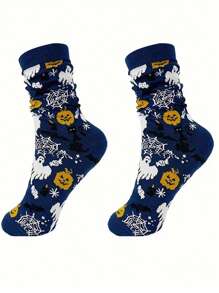 Halloween Socks For Big Men - 5 Pairs Or Single Pair, Pumpkin & Skeleton Cartoon Design, Mid-Calf, Fall/Winter, Available In US Sizes