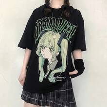 Ladies Summer Cotton T-Shirt MIKU Kawa Beautiful Cute Graphic T-Shirt Short Sve Anese Haruku Girl95 - 黑色6 - 查看 1